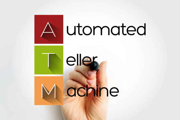 ATM Automated Teller Machine - electronic banking outlets that allow people to complete transactions without going into a bank, acronym text concept background - Zdjęcie, obraz