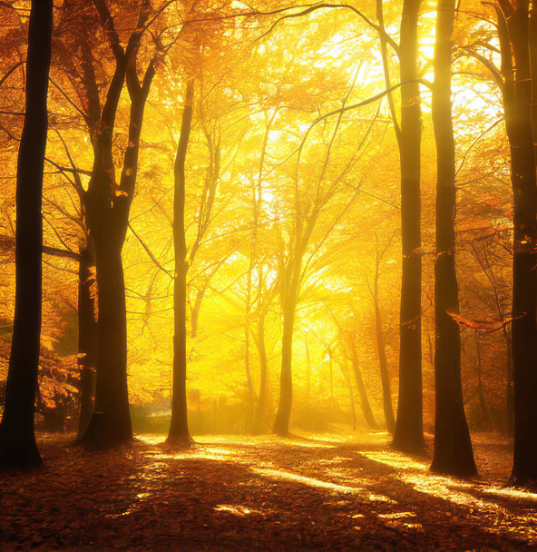 Enchanted golden sunlight in autumn forest, backlit tree silhouettes and yellow foliage. Digital illustration based on render by neural network - Photo, Image