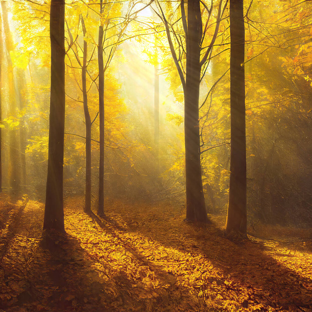 Сонячний день в осінньому парку, сонячні промені, що світяться через гілки дерев, квадратний формат. Цифрова ілюстрація на основі рендерингу нейронною мережею
 - Фото, зображення
