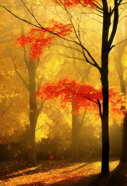 Värikäs vaahtera puita, auringonvalo paistaa läpi punainen ja keltainen lehtien, pystysuora muoto. Digitaalinen kuva, joka perustuu hermoverkon renderöintiin - Valokuva, kuva