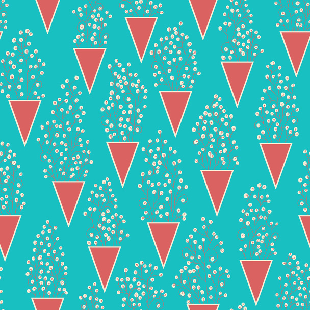 Cute seamless pattern with many small twigs abstract flowers and triangles vases. - Вектор,изображение