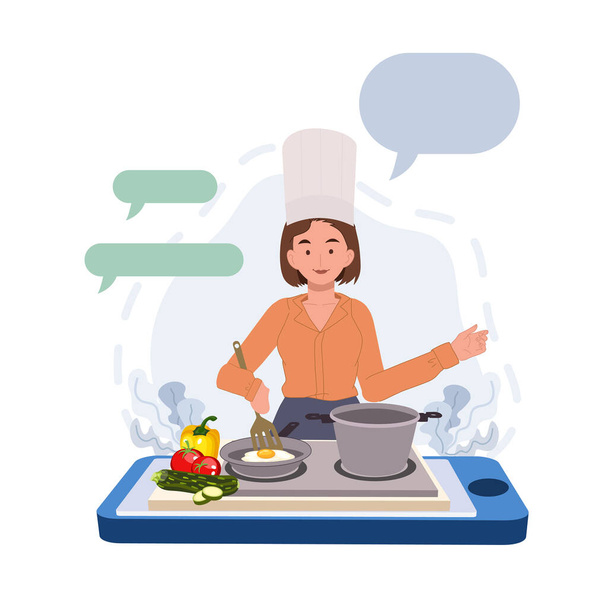 Online koken video concept, culinaire klasse service op smartphone app. Chef-kok leraar bereidt eten. Vectorillustratie - Vector, afbeelding