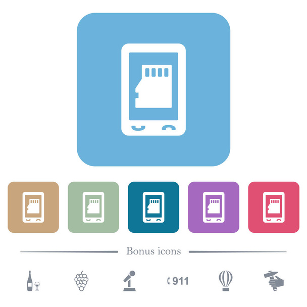 Mobilní paměťová karta bílé ploché ikony na barevných zaoblených čtvercových pozadí. 6 bonusových ikon zahrnuto - Vektor, obrázek