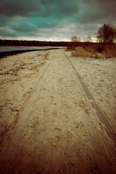 pistes de pneus de voiture sur la plage de sable - look vintage rétro
 - Photo, image