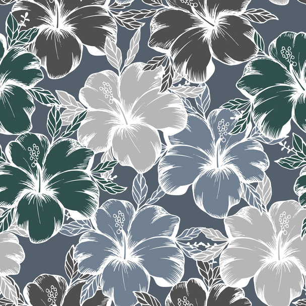 Naadloos patroon, blauwe, groene en beige hibiscus bloemen met witte omtrek. Retro-opdruk, textiel, ondergrond, vector - Vector, afbeelding