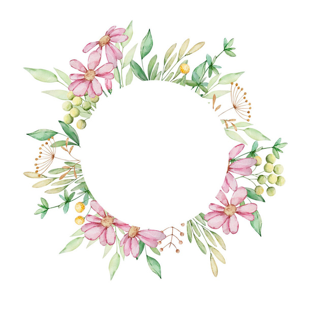 Акварель круглая цветочная рамка из розовых цветов и оставить - Фото, изображение