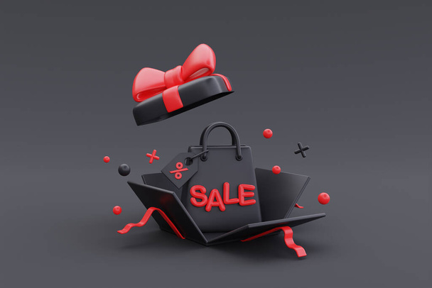 Black Friday Super Sale mit geöffneten Geschenkboxen und Einkaufstasche, Weihnachts- und Neujahrsaktion, 3D-Rendering - Foto, Bild