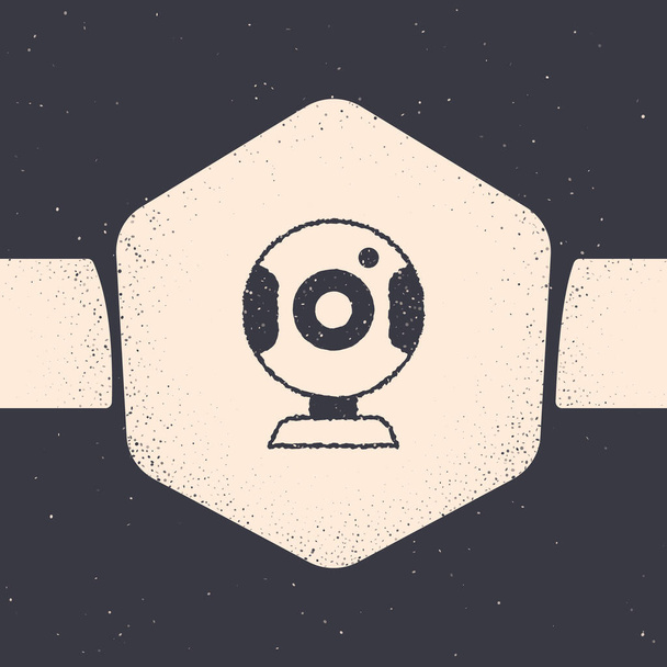 Grunge Web-Kamera-Symbol isoliert auf grauem Hintergrund. Chat-Kamera. Webcam-Symbol. Monochrome Vintage-Zeichnung. Vektor. - Vektor, Bild