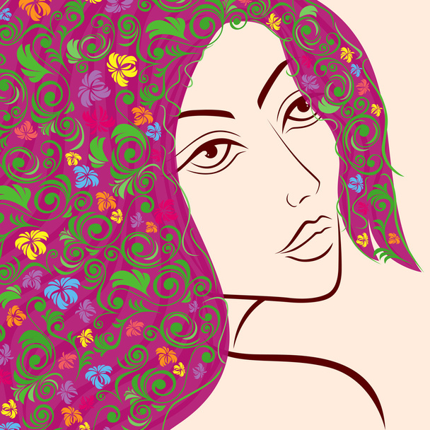 Női fej, virágos haj - Vektor, kép