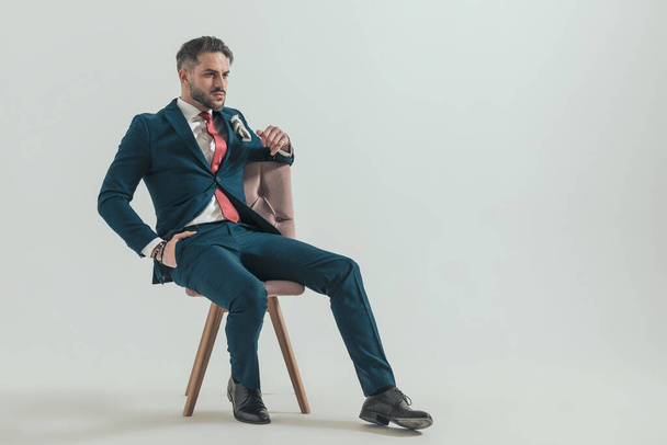 full body picture of sexy young model in suit holding hand in pocket and elbow on chair and looking to side in studio - Photo, Image