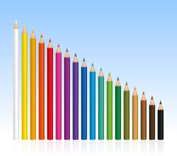Lápices de colores, crayones con diferentes longitudes, cada vez más corto. Ilustración vectorial aislada fondo gradiente azul. - Vector, Imagen