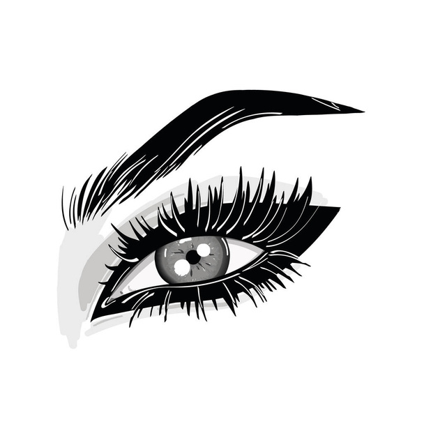 Beautiful female eyes black and white drawing sketch. Vector fashion illustration.Cosmetic icon - Wektor, obraz