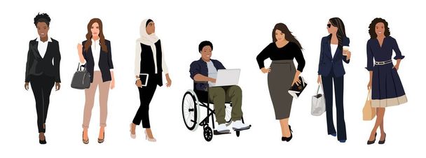 Unternehmerinnen sammeln. Vektor-Illustration diverser multinationaler Cartoon-Frauen in Büro-Outfits. Isoliert auf Weiß. - Vektor, Bild