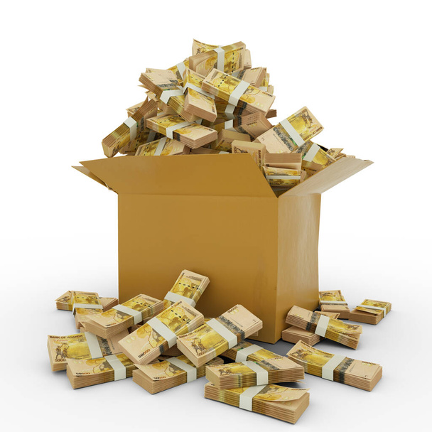 3d rendering of cardboard box full of Ugandan shilling notes isolated on a white background - Photo, Image