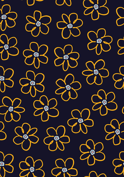 Retro floral seamless repeat pattern. Hand drawn, random placed, vector flower heads all over surface print on dark blue background. - Vector, Image