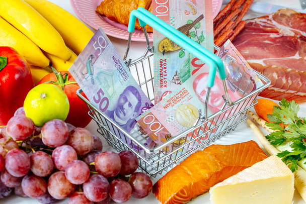 Winkelwagen met Nieuw-Zeelandse dollars, voedsel uit de winkel rond, Nieuw-Zeeland Food Price Rising Concept, Stijgende inflatie en spanning op de huishoudelijke begrotingen - Foto, afbeelding