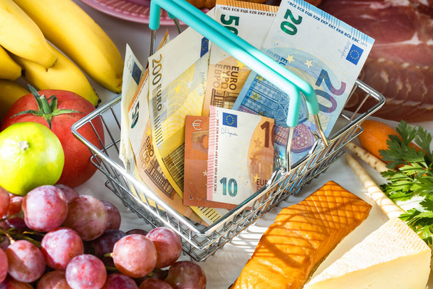 Warenkorb mit Euro, Lebensmittel aus dem Laden, Konzept der steigenden Lebensmittelpreise in den Ländern der Europäischen Union und steigende Inflation in der Eurozone - Foto, Bild