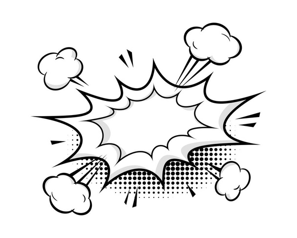 Boom burbuja de habla cómica con nubes, rayos y efecto de medio tono fondo azul. Ilustración de dibujos animados de vectores de arte pop en estilo retro. Diseño para cómic, póster, pancarta - Vector, imagen