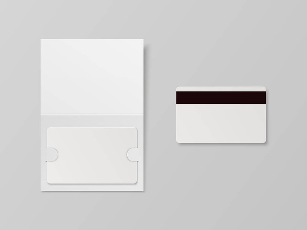 Vector 3d Realistic White Guest Room, Plastic Hotel Apartment Keycard, ID Card, Sale, Credit Card with Magnetic Strip. Design Template with Paper Cover Case, Wallet for Mockup, Branding. Top View. - Vektor, kép