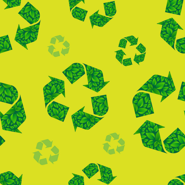 Wzór recyklingu. Płynny wzór ekologiczny z zielonymi znakami recyklingu izolowane na zielonym tle. Tło Światowego Dnia Środowiska. - Wektor, obraz