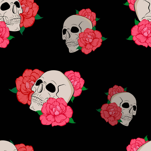Seamless pattern with skull and roses. Skull and red roses on black background .Vector seamless pattern - Vecteur, image