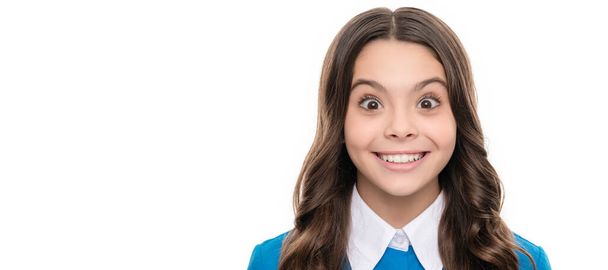 portrait of happy child isolate on white background. express positive emotions. Child face, horizontal poster, teenager girl isolated portrait, banner with copy space - Foto, afbeelding