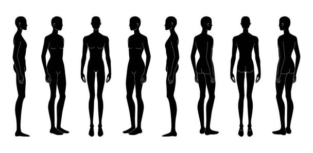 Set of XXS size silhouette Men Fashion template 9 head size Croquis Gentlemen model skinny front, side, 3-4, back view. Vector outline sketch boy for Fashion Design, Illustration, technical drawing - Vector, Image