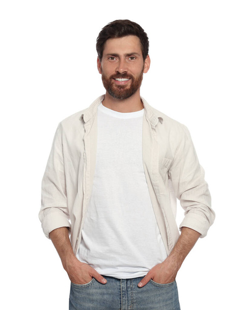 Portrait of handsome bearded man on white background - Фото, зображення
