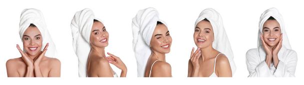 Collage with photos of beautiful young woman with towels on white background. Banner design - Fotografie, Obrázek