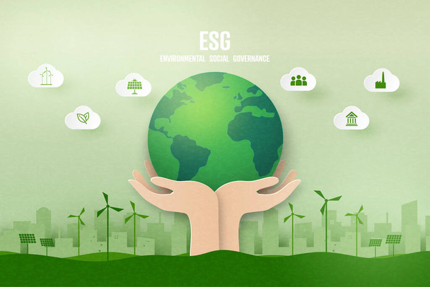 ESG as environmental, social and governance concept.Green ecology and alternative renewable energy.Paper art Vector illustration. - Vector, Image