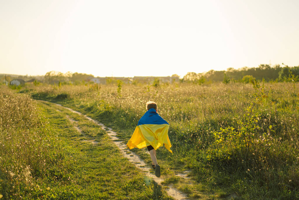 Ukraines Independence Day. Ukrainian child boy in white t shirt with yellow and blue flag of Ukraine in field. Flag of Ukraine. Constitution day. Stand with Ukraine and Save - Foto, Imagem