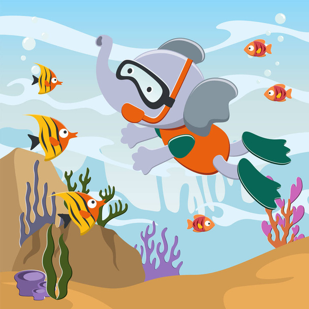 Vector illustration of Little elephant  diving in undersea adventure on a background of beautiful blue water - Διάνυσμα, εικόνα
