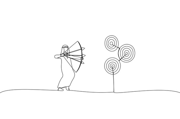 Dibujo del hombre de negocios árabe apuntando múltiples arcos en tres objetivos. Metáfora para la multitarea o la estrategia de propósito múltiple, con el objetivo de muchos objetivos o metas. Estilo de arte de una sola línea - Vector, imagen