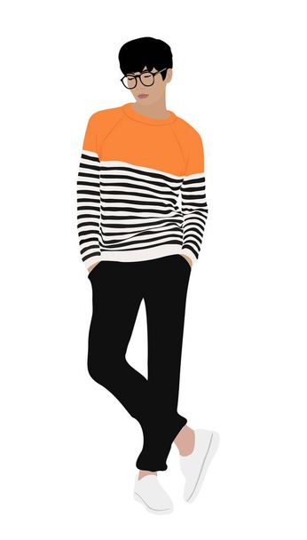 Νεαρός κομψός άντρας με μοντέρνα street fashion style ρούχα - ριγέ πουλόβερ, sneakers και μαύρο τζιν. Όμορφος αρσενικό χαρακτήρα διάνυσμα τέχνη ρεαλιστική απεικόνιση απομονώνονται σε λευκό φόντο. - Διάνυσμα, εικόνα