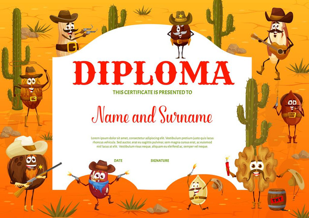 Kids diploma cartoon wild west cowboy, bandit and ranger nut characters. Vector education school certificate with peanut, almond, coffee, bean, brazil, walnut, pumpkin seed and coconut personages - Vector, Image