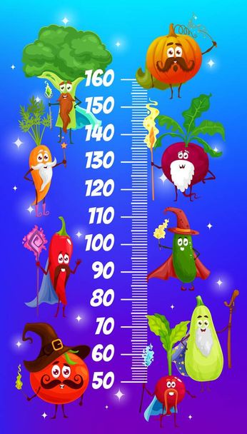 Niños carta de altura de dibujos animados magos y magos verduras. Medidor de crecimiento vectorial con personajes de dibujos animados zanahoria, brócoli, calabaza, remolacha y chile con pepino, tomate, rábano y calabaza - Vector, imagen
