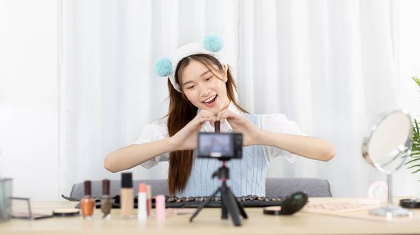 Beautiful women with social media influences recommend products and make-up accessories to be more beautiful, Recording vlog video live streaming, Online business of beauty bloggers.  - Photo, Image