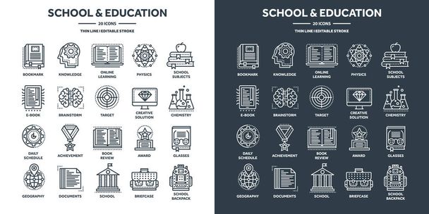 School education, university studies. Study, learning and educational process. Online lessons, e-learning with video tutorials. Knowledge acquisition. Thin line web icons set. Vector illustration. - Vektor, Bild