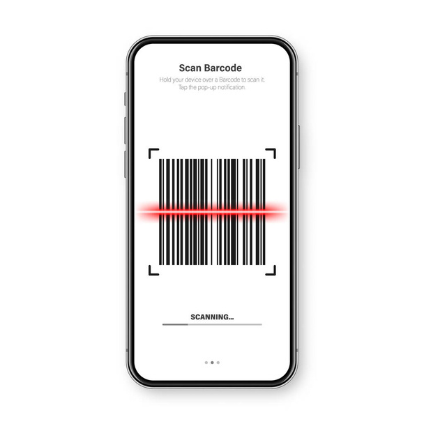 Barcode scanner, εφαρμογή ανάγνωσης για smartphone. Αναγνωριστικός κωδικός. Αύξων αριθμός, ταυτότητα προϊόντος με ψηφιακές πληροφορίες. Κατάστημα, σούπερ μάρκετ σάρωση ετικέτες, τιμή. Εικονογράφηση διανύσματος - Διάνυσμα, εικόνα