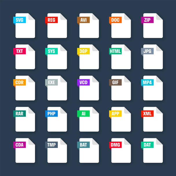 Common system file formats. Document types and extensions. Flat style icons collection. Document pictogram, web design UI element, template. Computer program or application icon. Vector illustration. - Vektor, obrázek