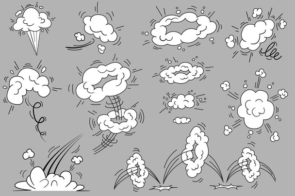 Взрывы и взрывы облаков в комическом стиле устанавливают изолированные элементы. Пакет дымовых эффектов кадры с брызгами и кривой движется, чтобы выразить энергию движения. Иллюстрация в плоском дизайне мультфильма. - Фото, изображение