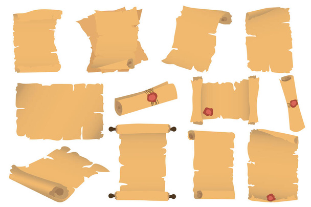 Papiro y pergamino diferentes formas establecen elementos aislados. Paquete de papel antiguo, páginas rasgadas y viejas hojas de pergamino con cinta y sello de cera roja. Ilustración en diseño plano de dibujos animados. - Foto, Imagen