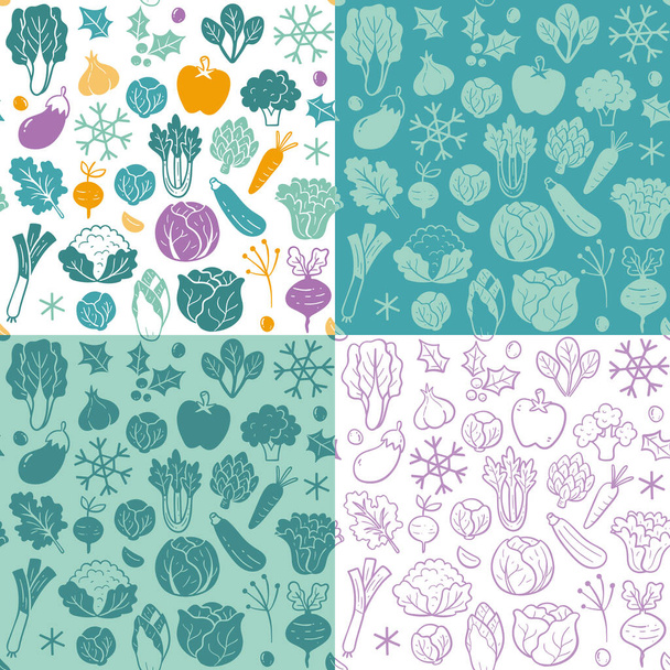 Winter seasonal vegetables seamless pattern collection. Colorful, flat silhouette and doodle style.  Isolated vegetables on white background. Vector illustration. - Vector, Image
