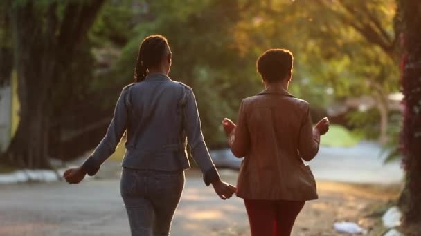 Ευτυχισμένοι άνθρωποι χορεύουν, πίσω από δύο μαύρες γυναίκες γιορτάζουν την επιτυχία περπατώντας - Πλάνα, βίντεο