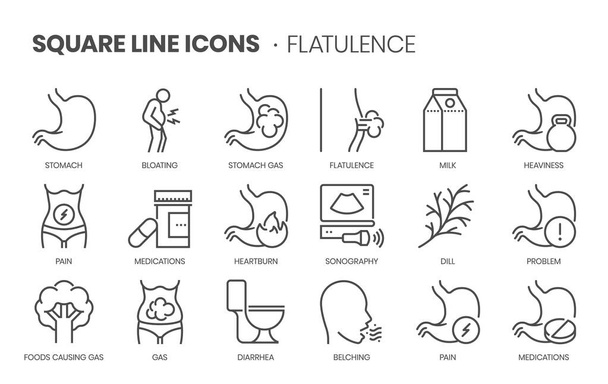 Flatulence related, pixel perfect, editable stroke, up scalable square line vector icon set.  - Vector, Image