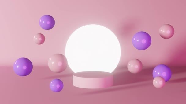 Lila rosa Neon-Zylinder Podium glühende Bühne fliegende Kugeln 3D-Animation Schleife 4K Round Podest Design geometrische Komposition. Kosmetik produkt glänzend vitrine minimal szene präsentation hintergrund - Filmmaterial, Video