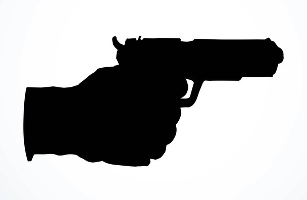 Szoros vonal hatalom férfi zsaru őr megvédeni Colt lövés oldalán nézet fehér szöveges hely design. Vázlat fekete toll rajzolt veszély háború célja a cél a biztonság régi shotgun támadás logó ikon jel modern rajzfilm művészet stílus - Vektor, kép
