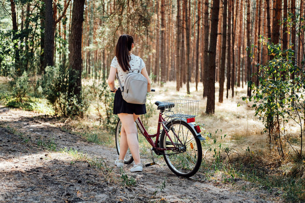 Turismo en bicicleta. Rutas de ciclismo de carretera. Alquiler de bicicletas. Mujer soltera en bicicleta en un bosque de pinos en un día soleado. - Foto, imagen
