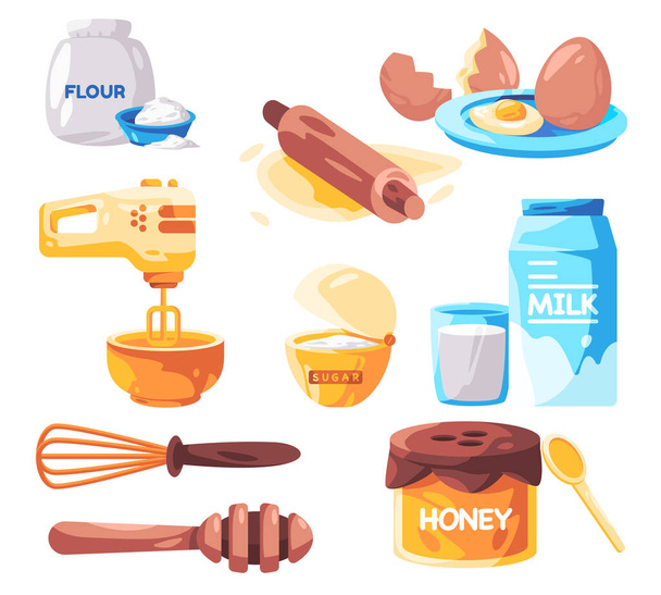 Ekmek malzemeleri ve mutfak gereçleri karıştırıcı şeker un yumurta sütü tarifi vektörü - Vektör, Görsel