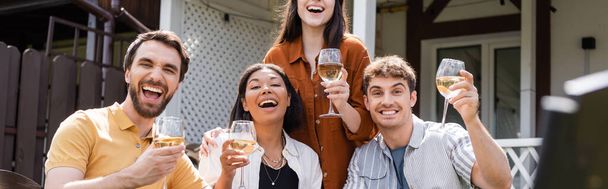 Cheerful multiethnic friends holding glasses of wine in backyard, banner  - Photo, image